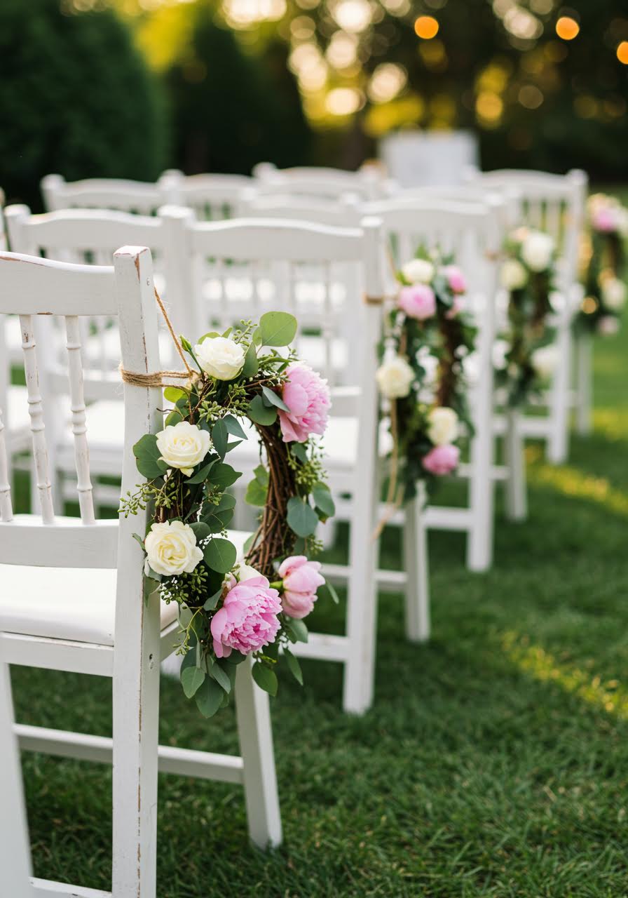 Fresh garden flower wreaths in soft pinks and whites adorning white wooden ceremony chairs along outdoor aisle