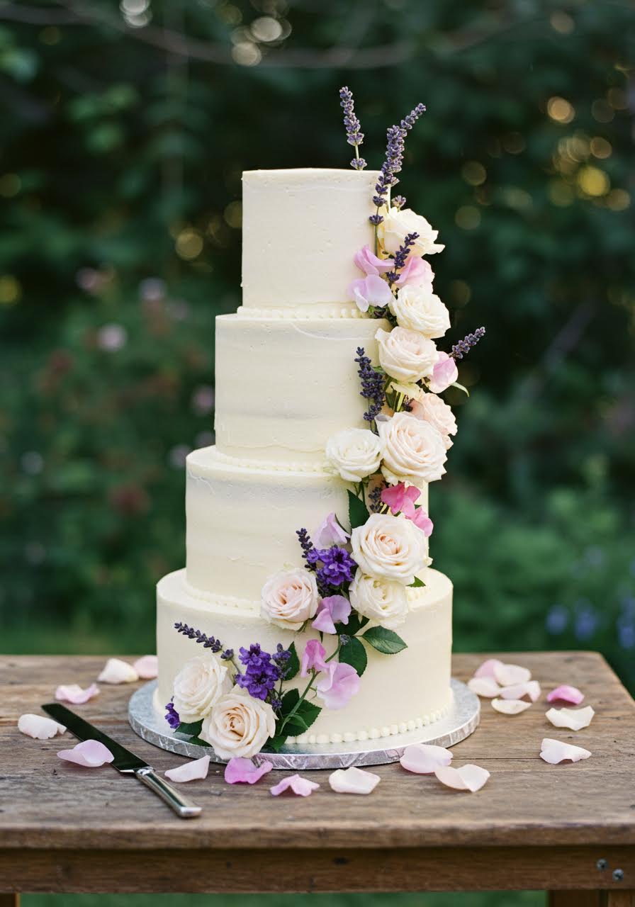 Elegant ivory wedding cake adorned with fresh purple lavender, white roses and delicate pink sweet peas