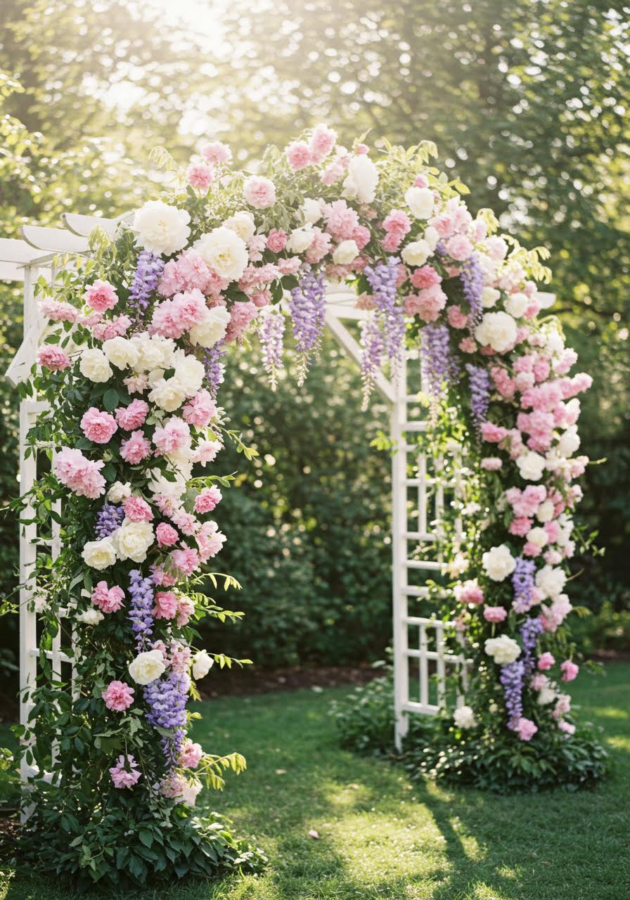 Dreamy wedding arch cascading with soft pink cherry blossoms and cream peonies, touched by golden garden light