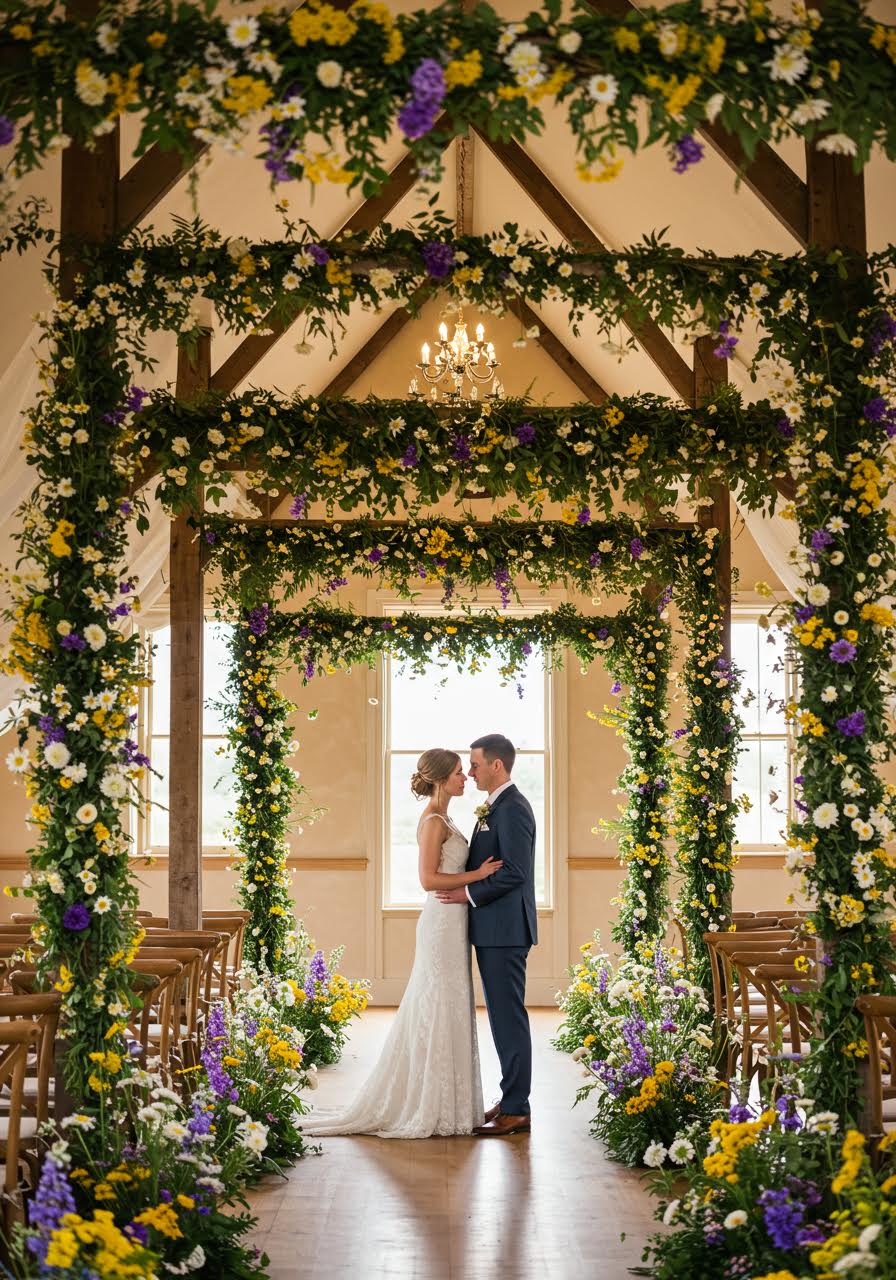 Elegant couple beneath flowing wildflower garlands gracefully suspended from reception hall ceiling