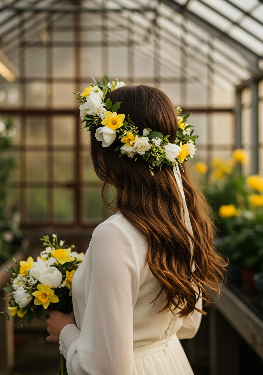 Bohemian bride wearing delicate flower crown of white tulips and sunny daffodils in warm golden light