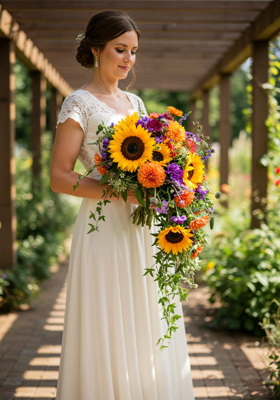 Bride carrying a cascading bouquet of golden sunflowers, amber dahlias, and purple larkspur with trailing ivy