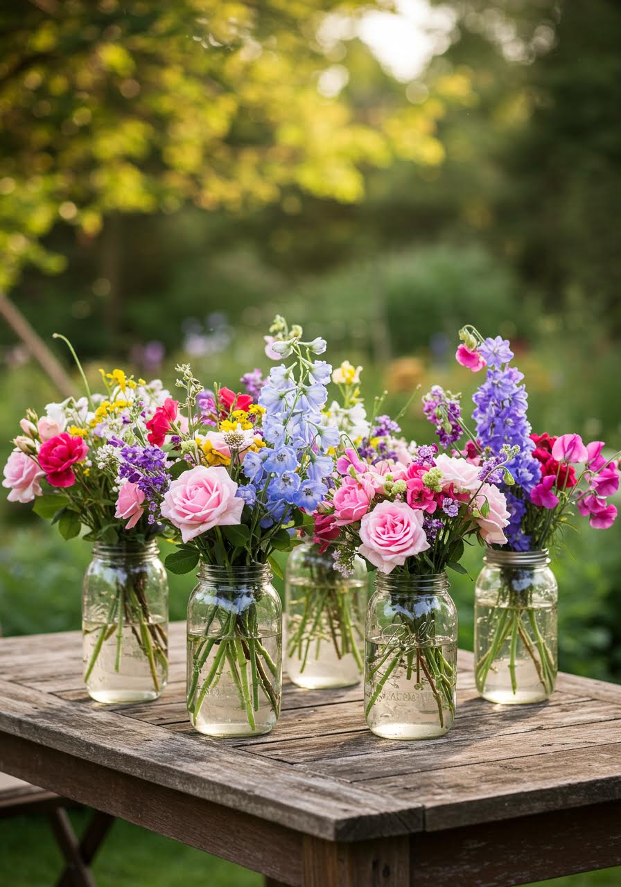 Mixed garden flowers in weathered mason jars of varying heights on rustic wooden table in outdoor garden setting