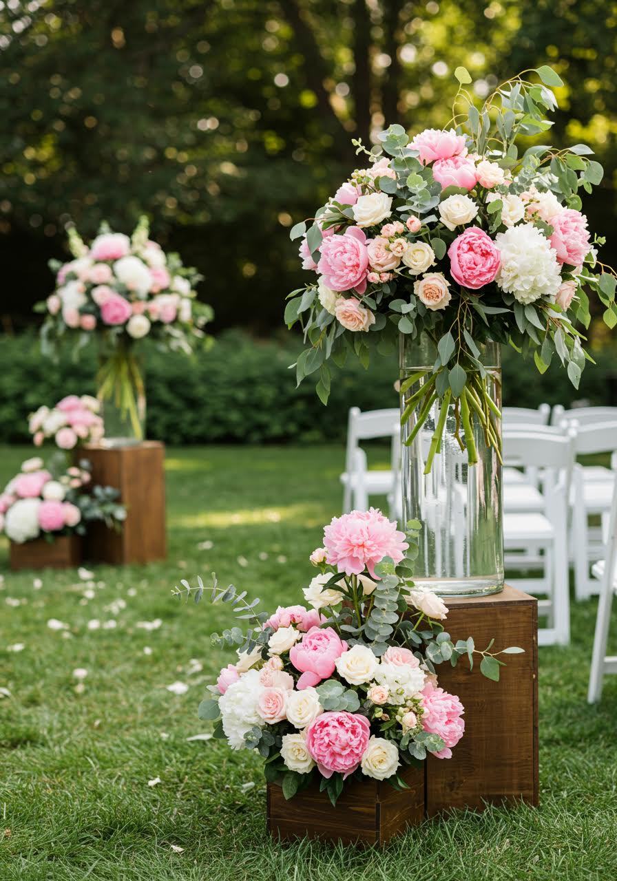 Sophisticated wedding altar featuring tall arrangements of seasonal peonies and garden roses in asymmetrical glass and wooden vessels