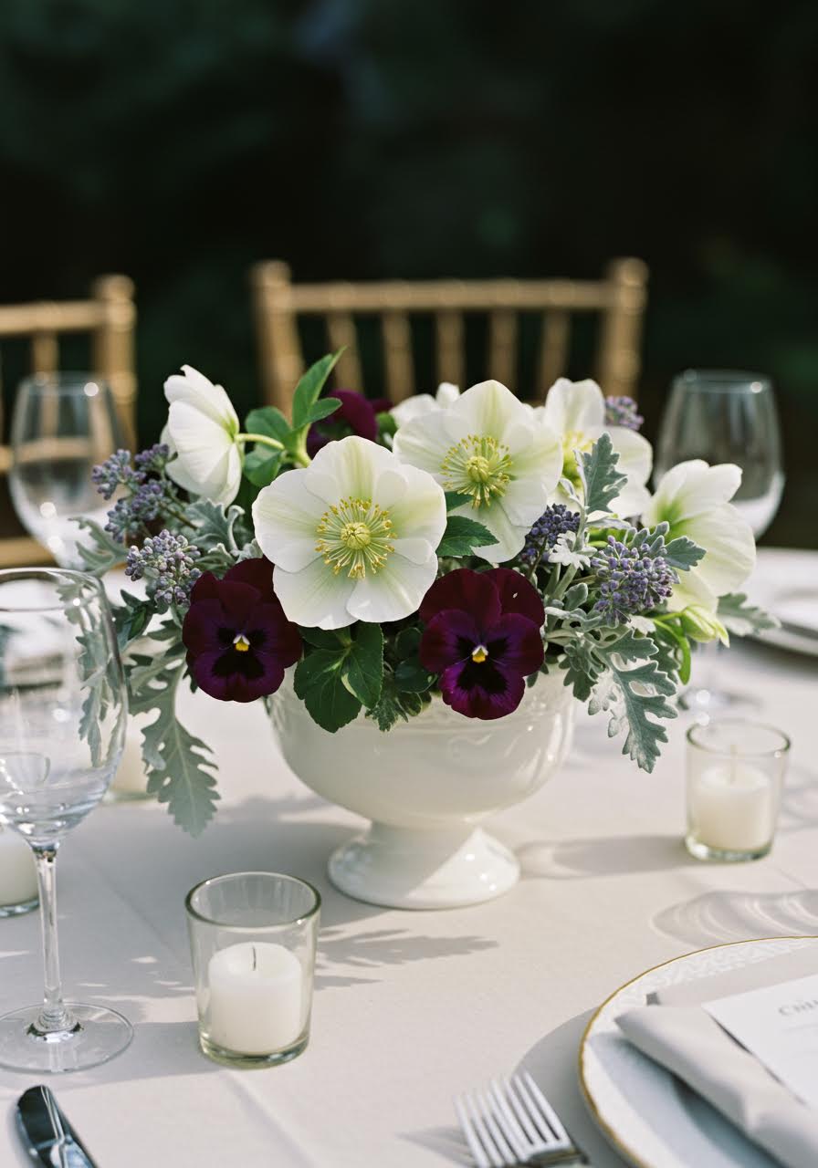 Elegant low centerpiece featuring pristine white hellebores and deep purple pansies in fine porcelain