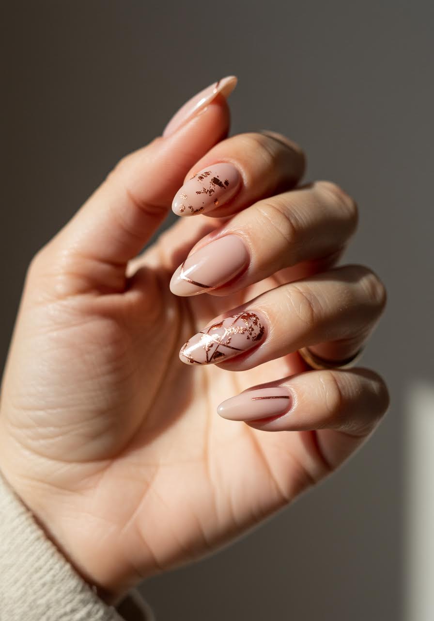Soft cashmere-toned nails with delicate gold rose details and luxurious textural elements
