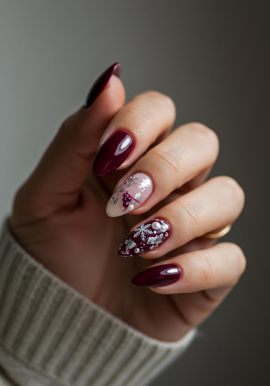 Soft winter nails featuring delicate snowflakes and berry accents with frosted finish