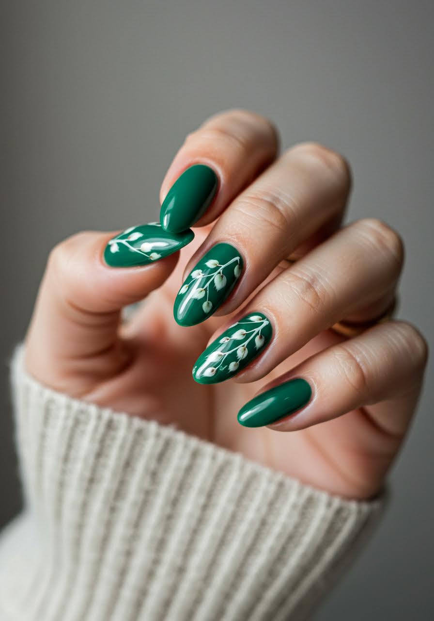 Delicate willow branch nail art in muted sage tones with flowing organic patterns