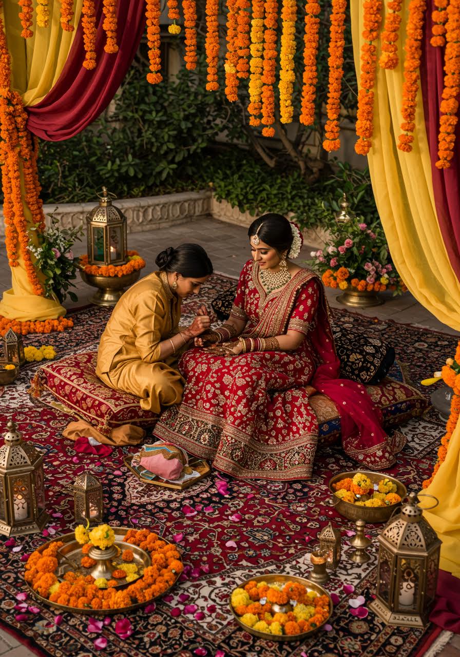 Mehndi ceremony setup with ornate cushions and fresh floral decorations