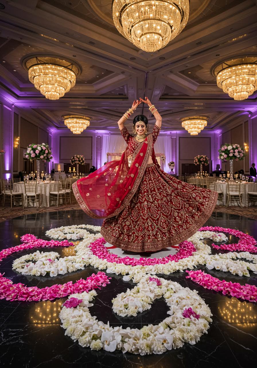 Bride in flowing lehenga dancing on orchid and lotus petal decorated floor
