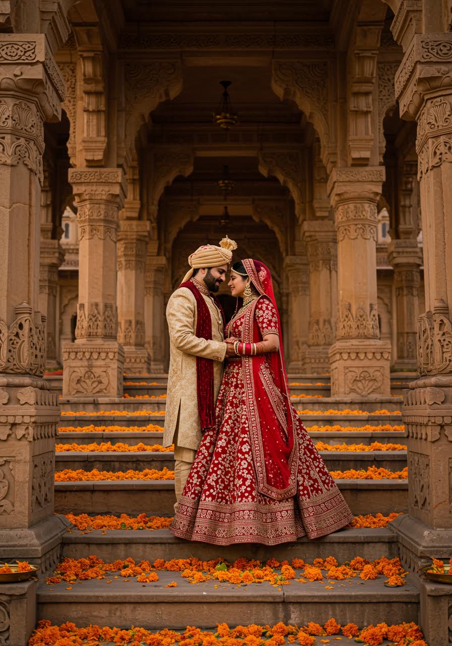 Romantic couple portrait in traditional attire with architectural backdrop