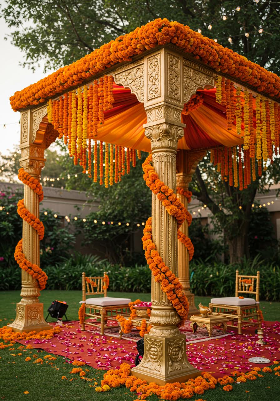 Close-up of marigold mandap with intricate golden pillars during golden hour