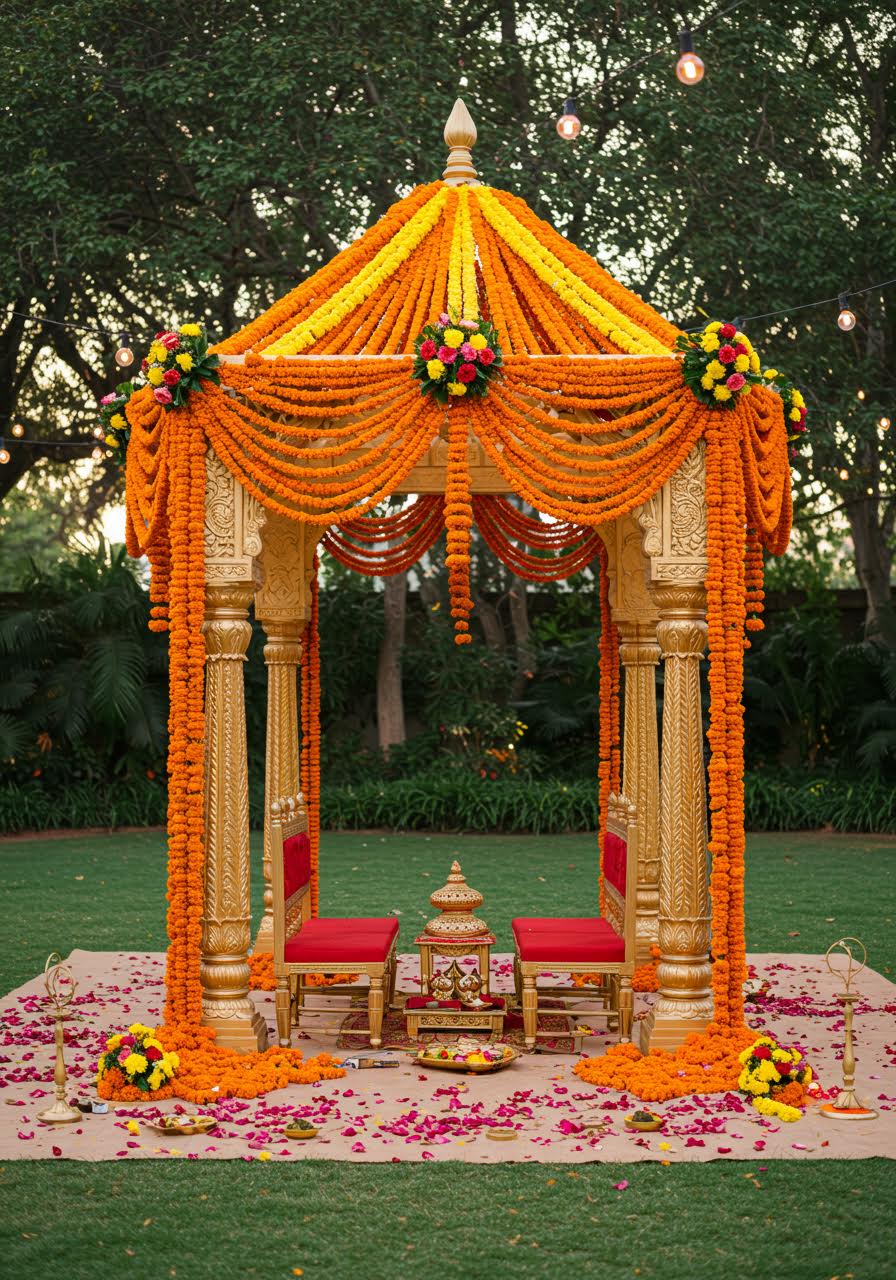 Ornate mandap adorned with cascading marigold garlands in golden courtyard setting