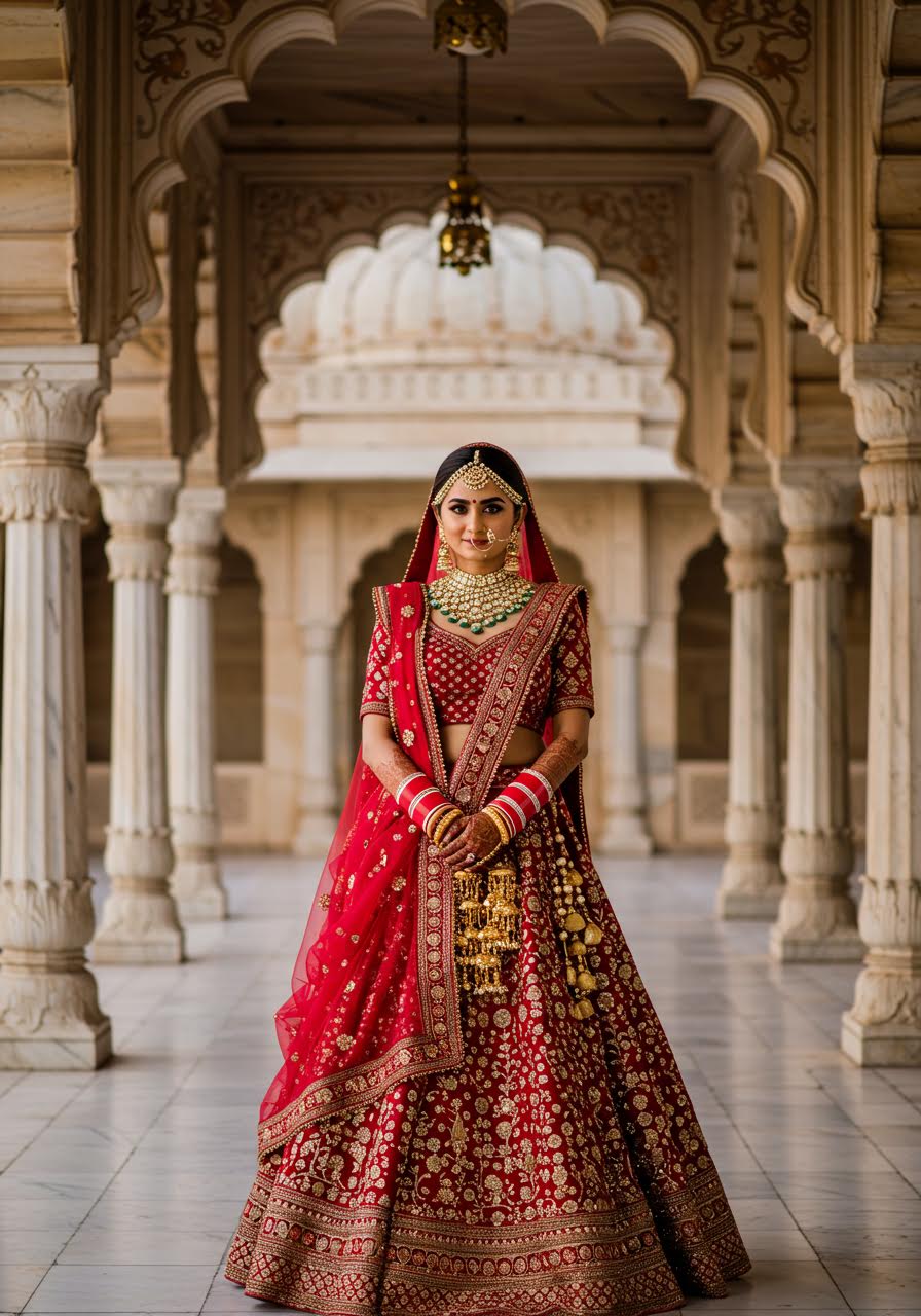 Regal Indian bride in red and gold lehenga with traditional jewellery in marble palace courtyard