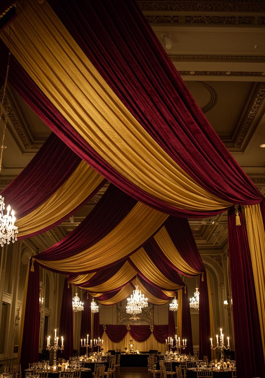 Elegant fabric archways and dramatic draping creating sophisticated ballroom entrance features