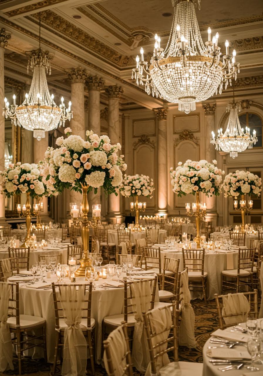 Elegant ballroom reception featuring towering floral arrangements with peonies and roses in crystal vessels