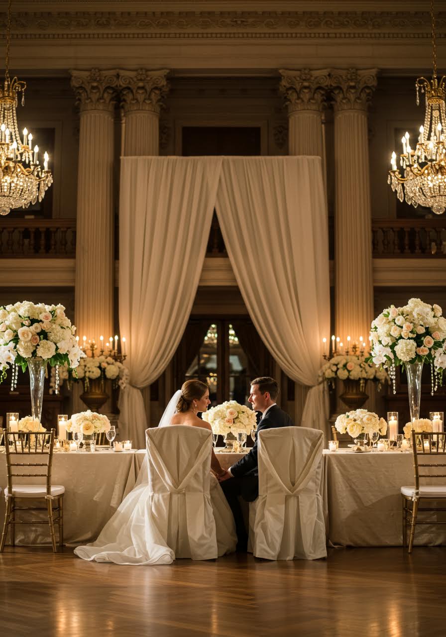 Intimate portrait of couple at their empire-style reception with luxurious ballroom backdrop