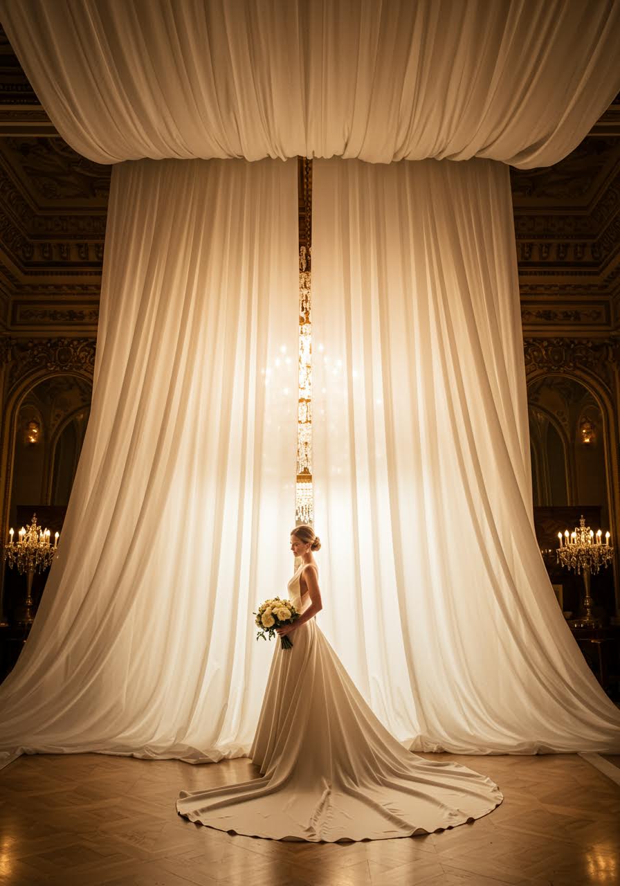 Bride in luxury ballgown beneath flowing ivory silk ceiling draping during romantic golden hour