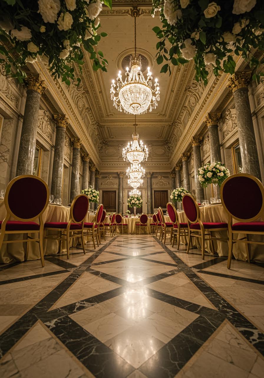 Ground-level view of elegant round tables with gold chairs and sophisticated place settings