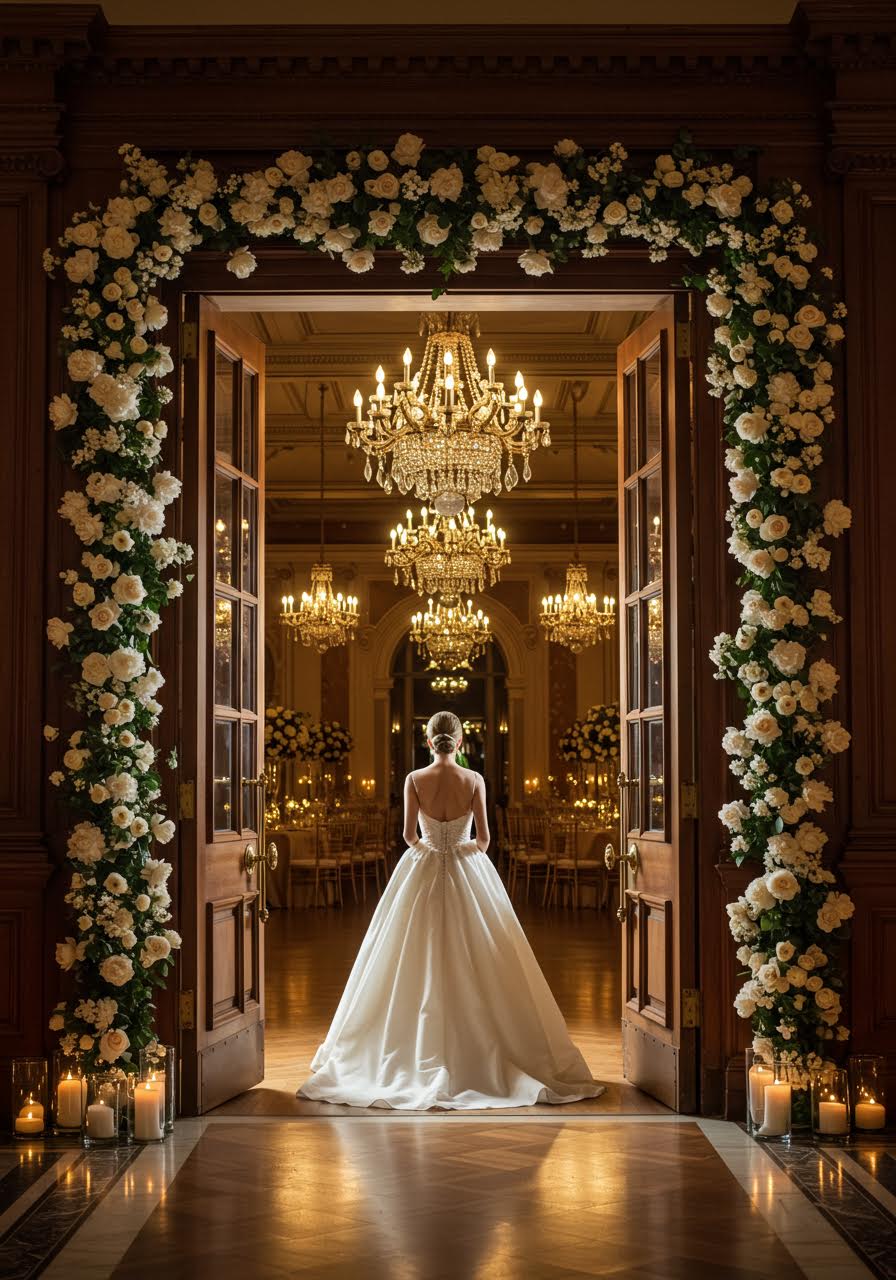 Bride making her elegant entrance through ornate ballroom doorway framed with romantic lighting