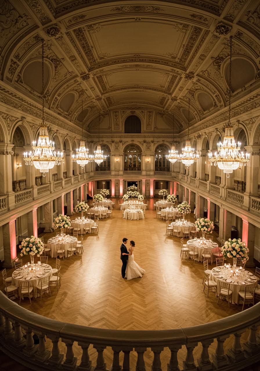 Wide view of a Bridgerton-inspired ballroom reception with orchestral seating and gilded columns