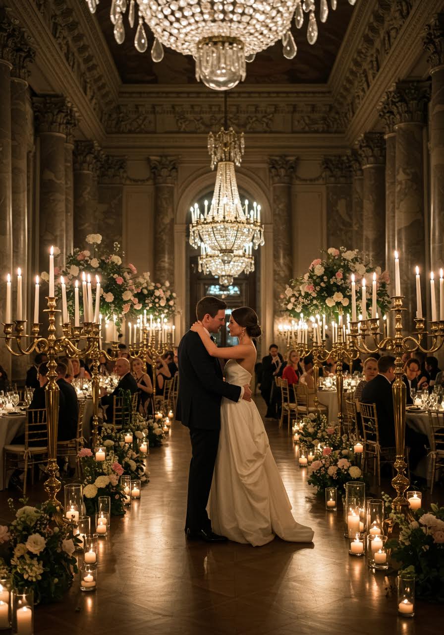 Romantic couple sharing an intimate dance surrounded by flickering candles in a Regency ballroom