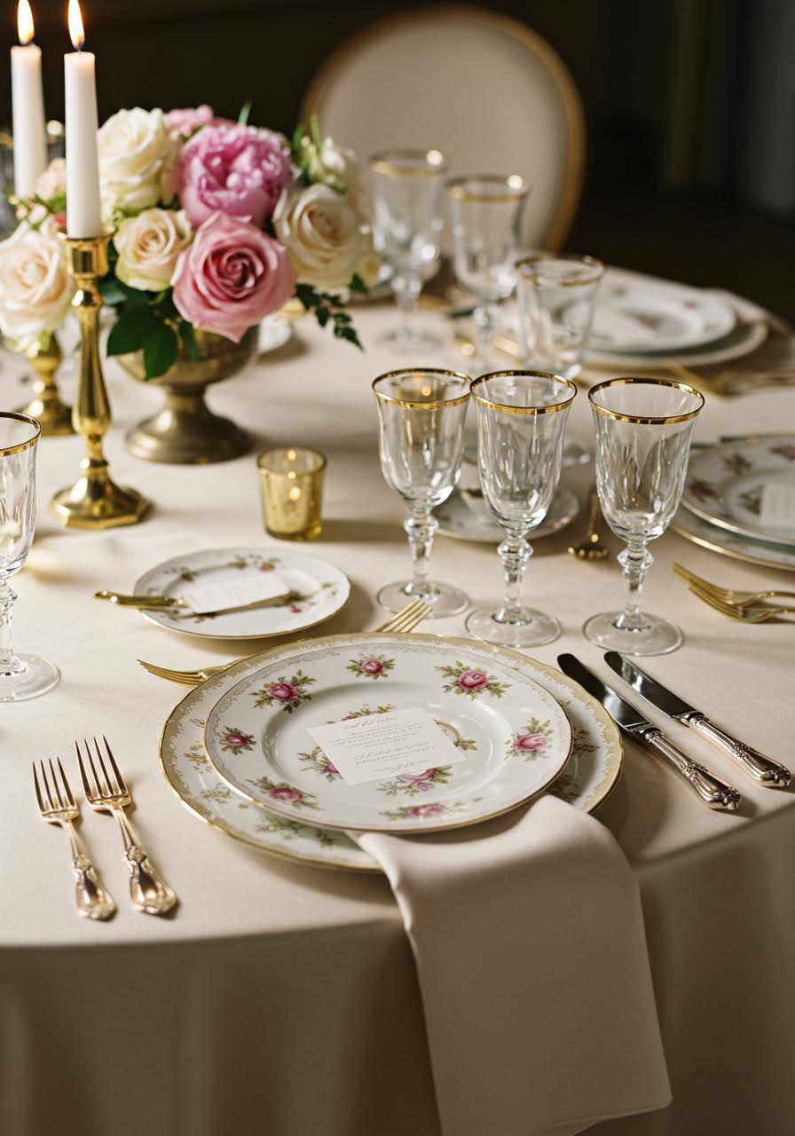 Vintage china table setting with delicate floral patterns and crystal stemware in golden hour light