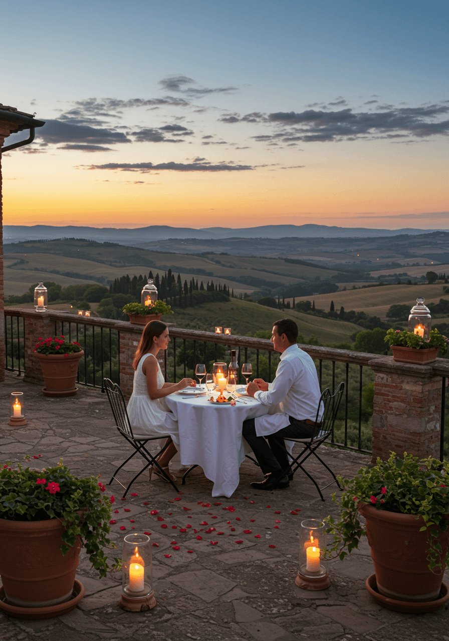 Romantic dinner table for two set on villa terrace with candles and countryside views