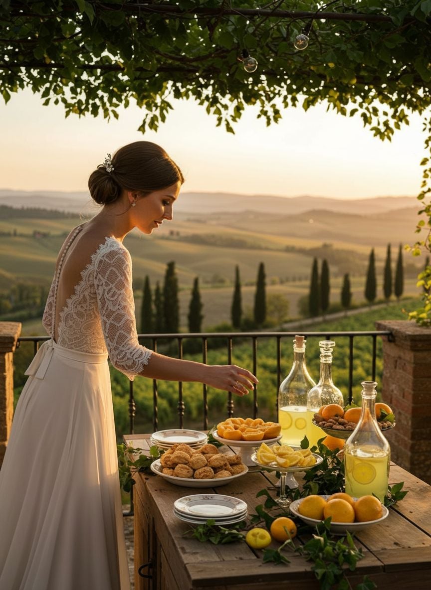 Bride reaching for limoncello glass at beautifully arranged dessert station