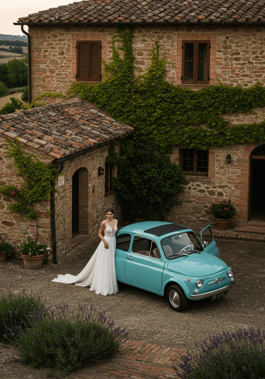 Classic vintage Fiat 500 decorated for wedding arrival at Tuscan villa