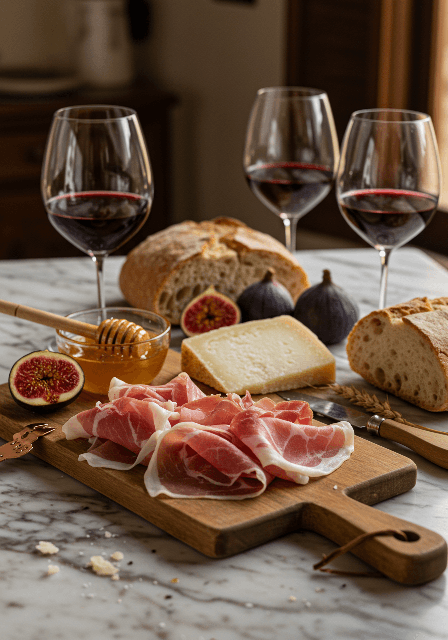 Artisanal Tuscan charcuterie board with local meats, cheeses, figs and wine
