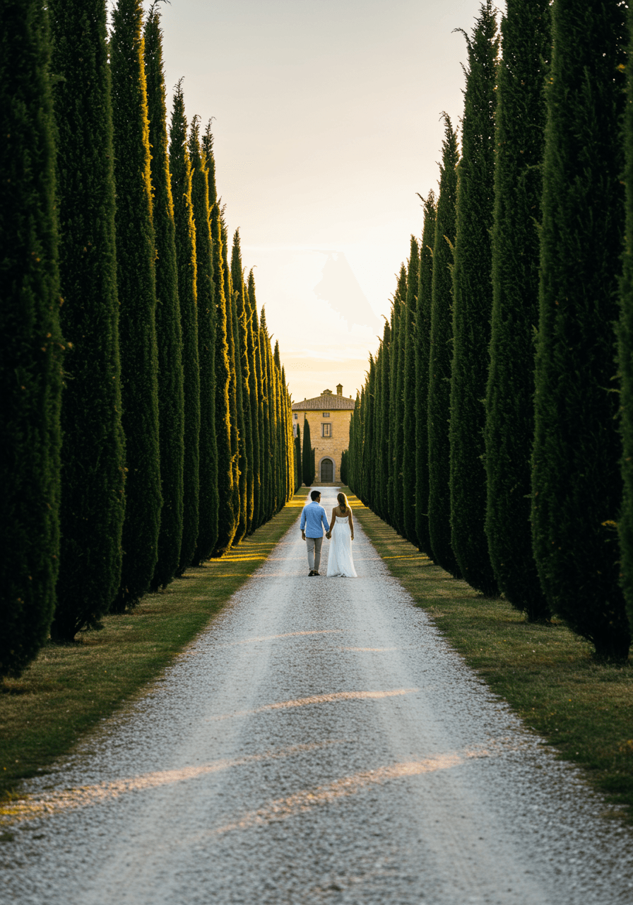 Romantic couple walking together beneath towering cypress trees in golden Tuscan light