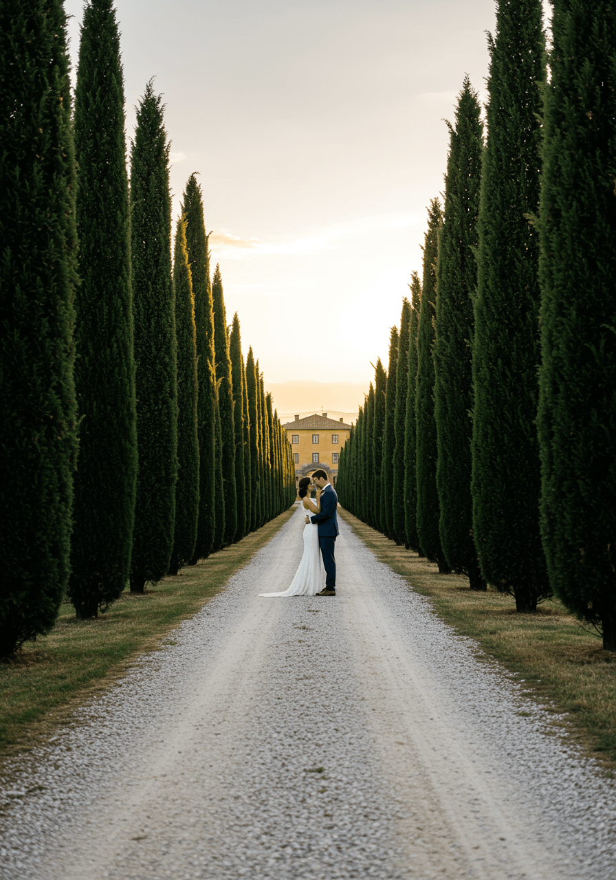 Intimate couple embracing on gravel pathway surrounded by cypress trees at sunset