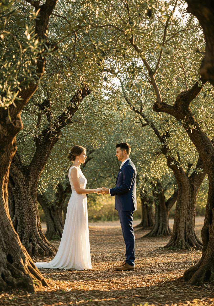 Wedding ceremony taking place in olive grove with golden hour lighting and mountain views