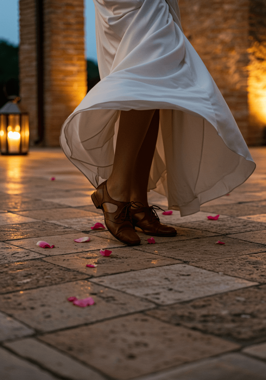 Detailed shot of dancing feet on ancient stone patio during twilight celebration