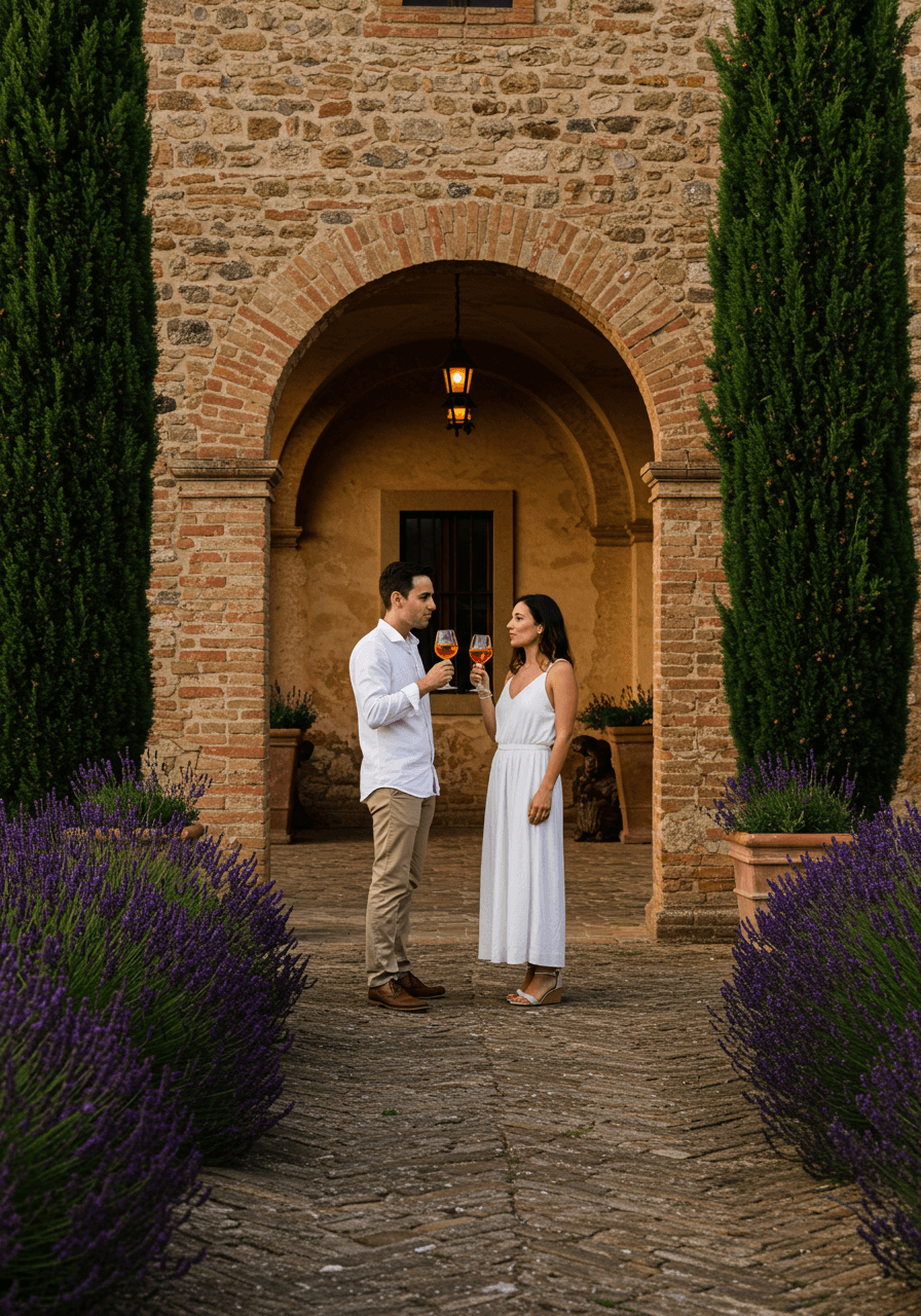 Close-up of cocktail glasses with cypress trees and golden sunset light in background