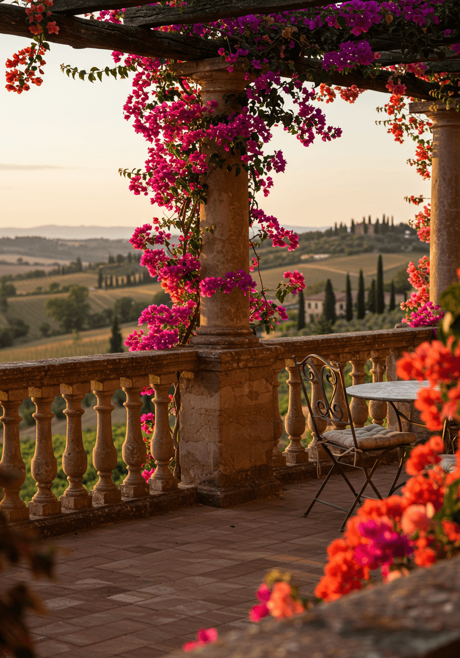 Intimate detailed view of balcony corner with bougainvillea and countryside glimpse