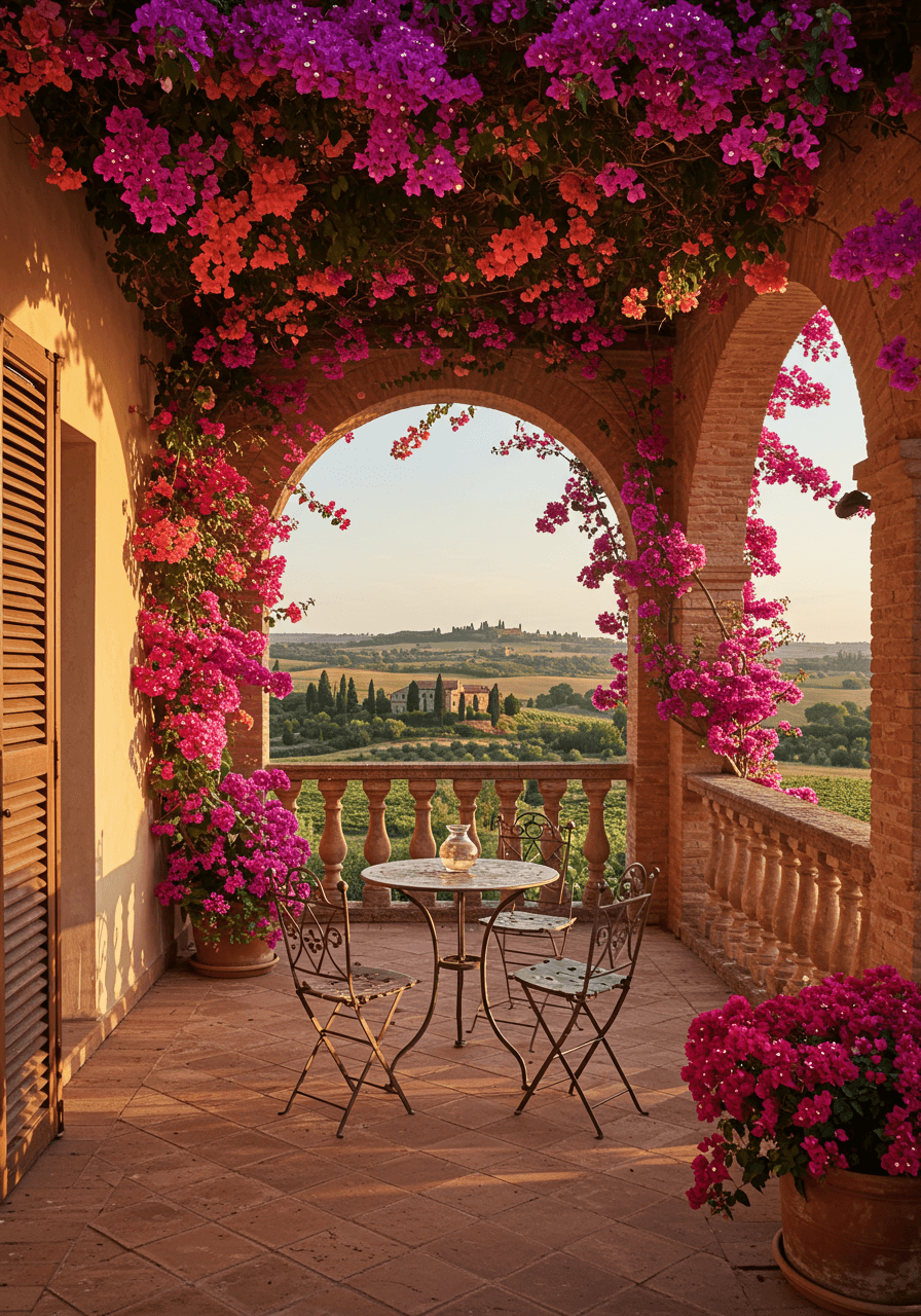 Wide view of villa balcony with bougainvillea overlooking vineyard landscape