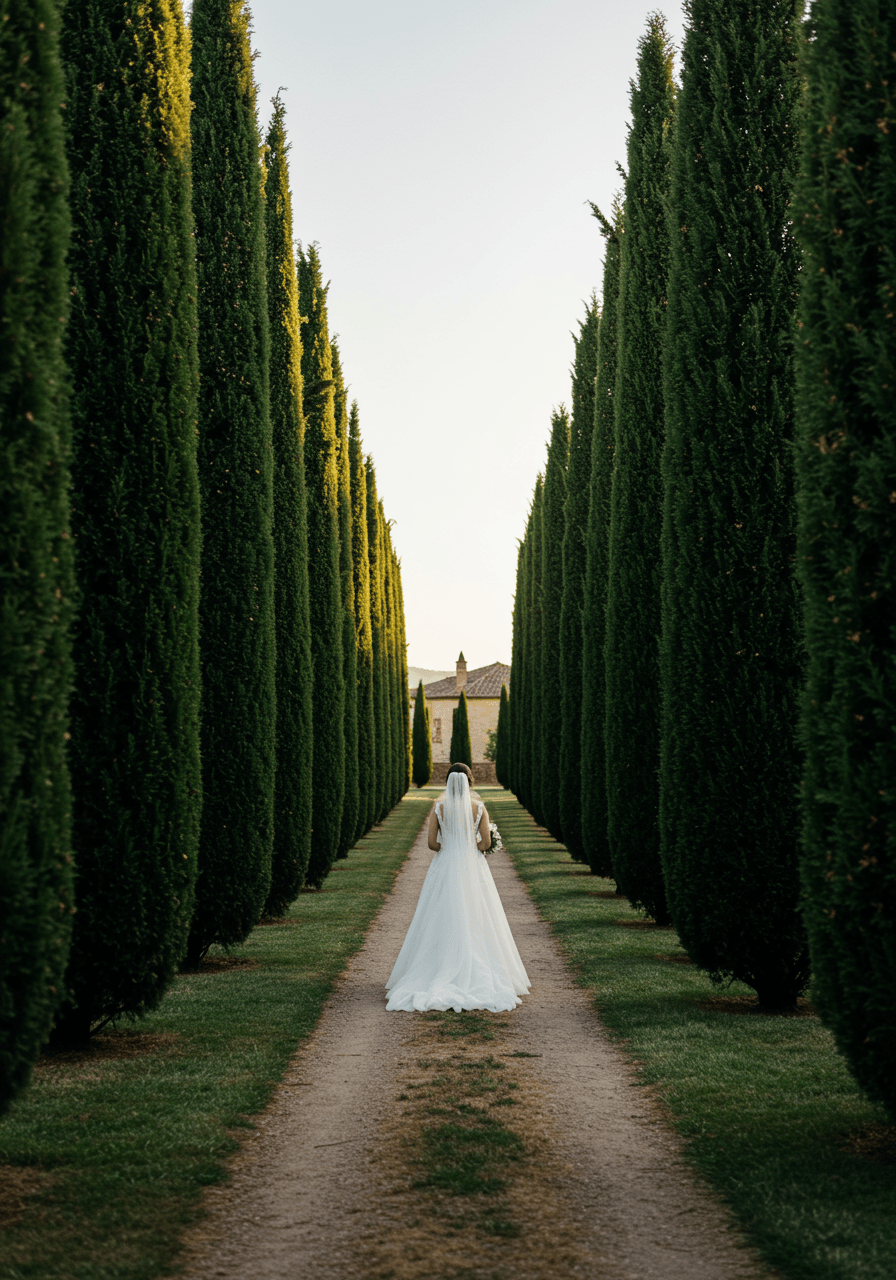 Bride walking down cypress-lined pathway in flowing wedding dress at Tuscan villa