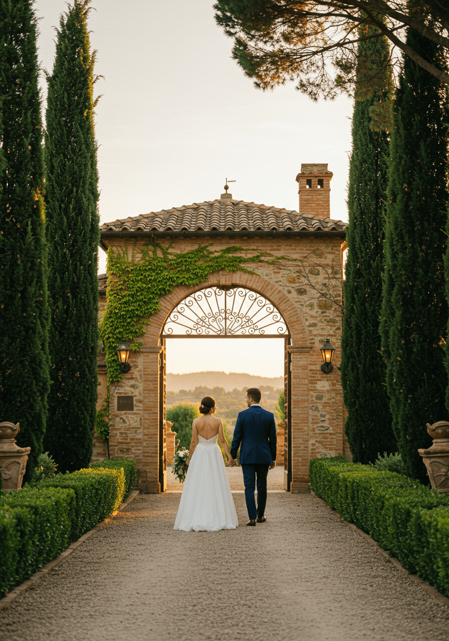 Newlywed couple standing beneath ancient stone archway during golden hour at Tuscan villa