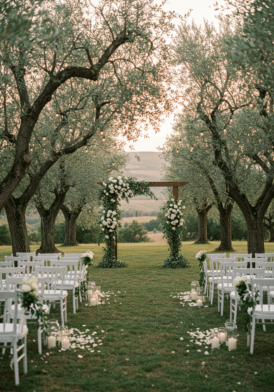 Rustic wedding altar setup amongst olive trees with countryside views in background