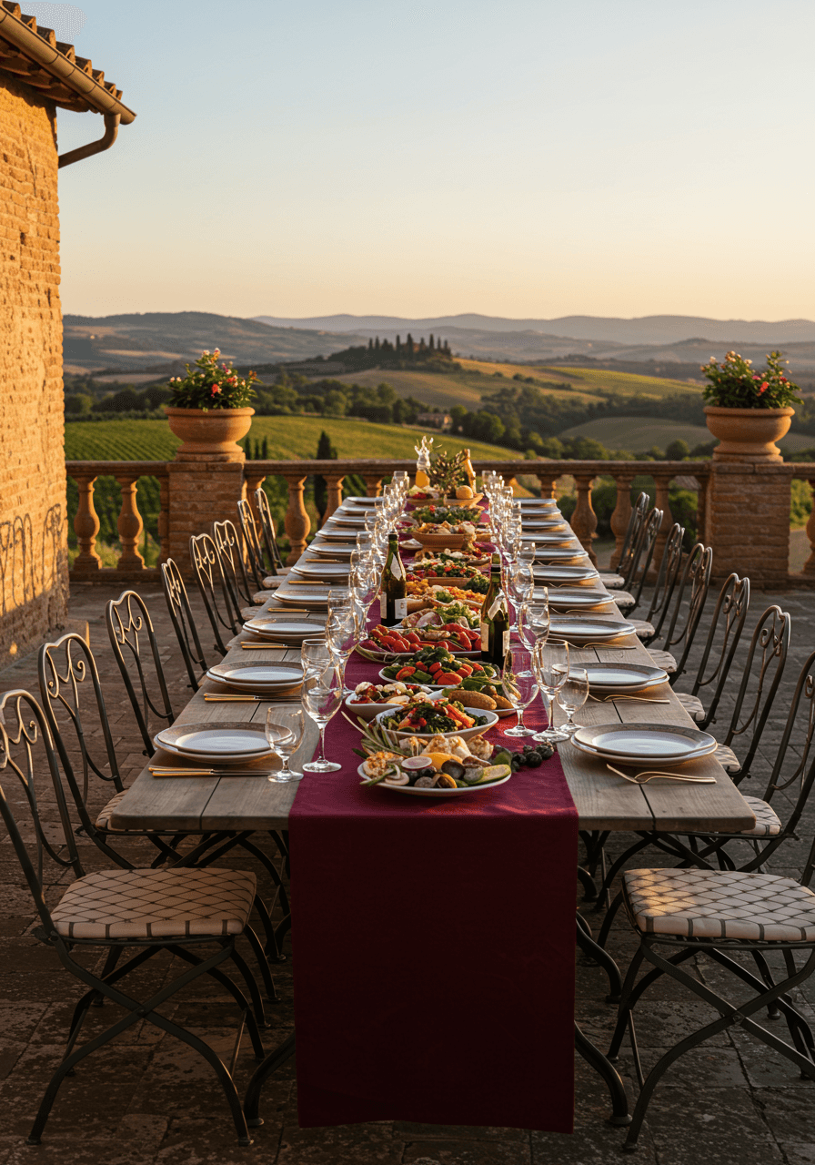 Elegant outdoor banquet table set on terrace overlooking vineyard during golden hour