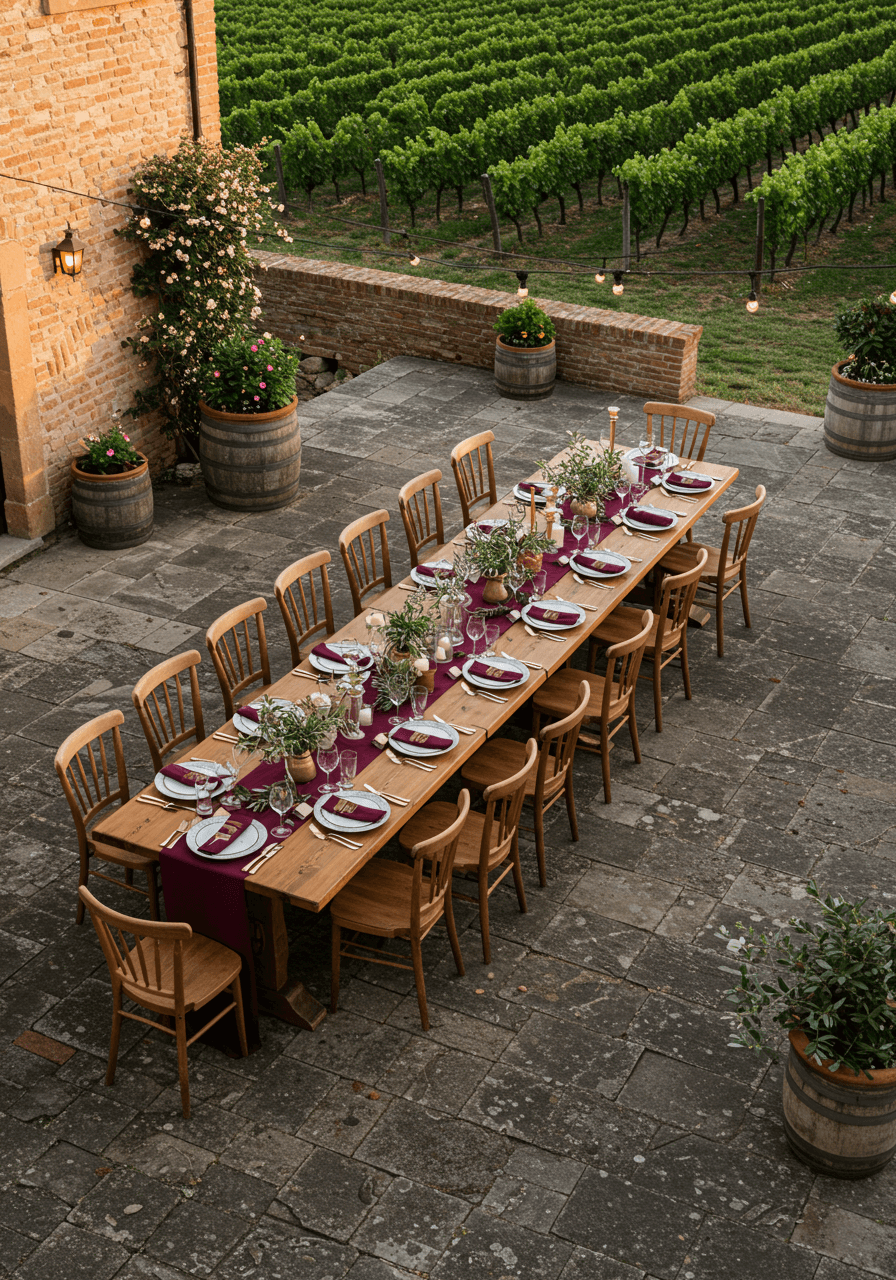 Aerial view of wedding banquet table setup on terrace with countryside views