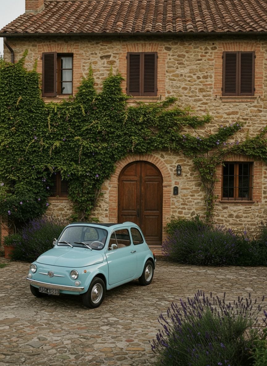 Bride sitting in vintage wedding car with flowing veil in countryside setting