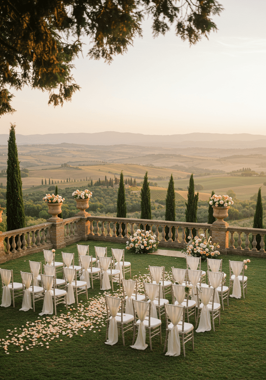Wedding guests seated on terrace overlooking rolling Tuscan countryside during ceremony