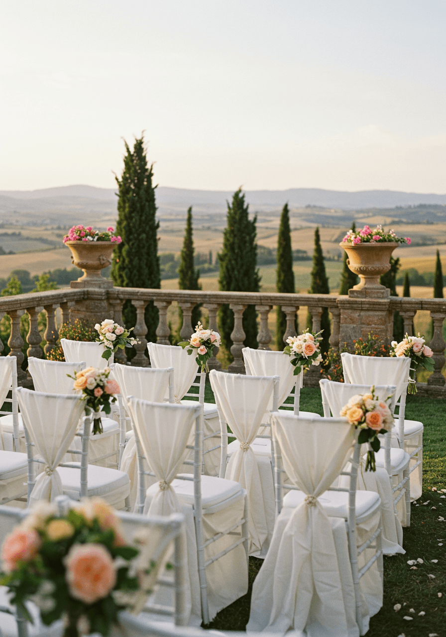 Close-up of elegant ceremony chairs arranged on stone terrace with countryside backdrop