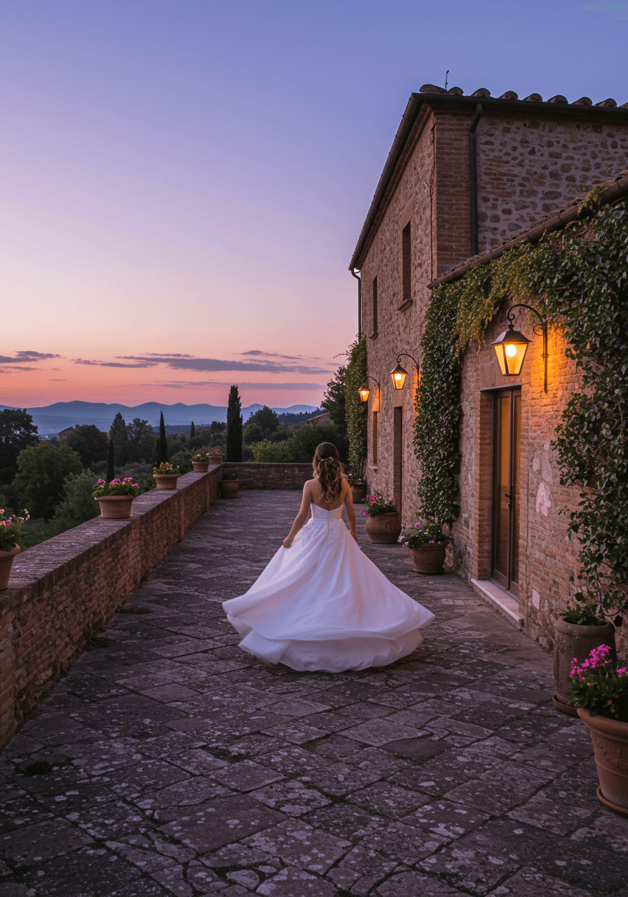 Bride spinning joyfully on stone patio in flowing dress during twilight