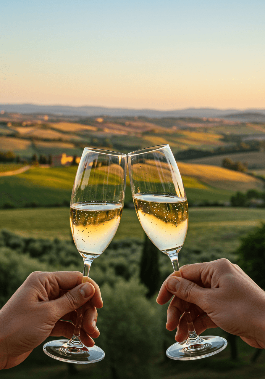 Wide celebration scene with champagne and sweeping countryside views