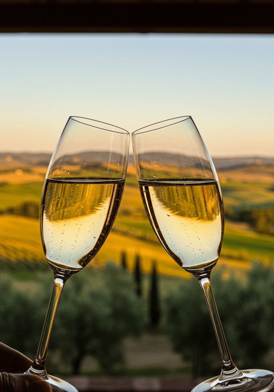Champagne glasses clinking with panoramic Tuscan landscape as backdrop