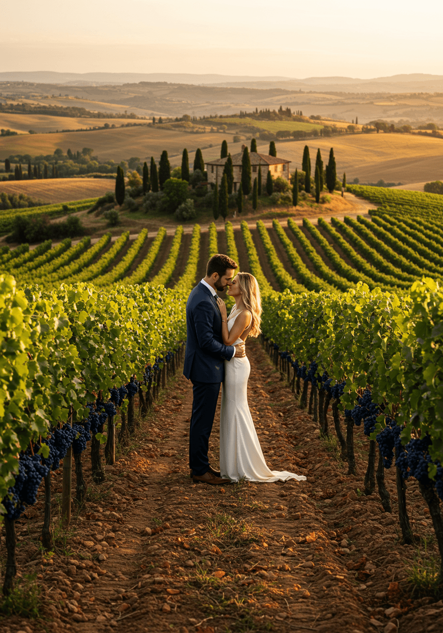 Romantic couple embracing in vineyard rows during golden hour with mountains in distance